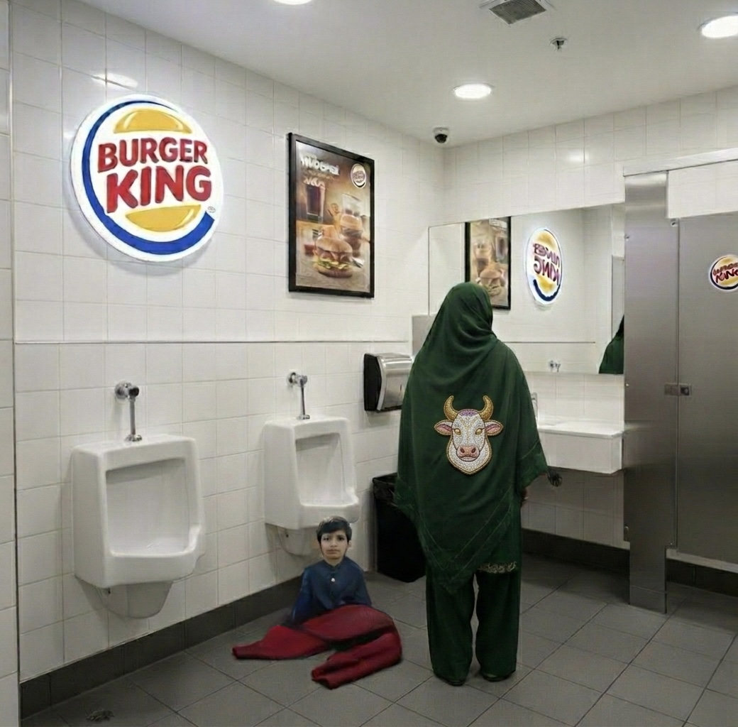 Young Amit abandoned on a red sweater in Burger King bathroom, face obscured by maternal absence