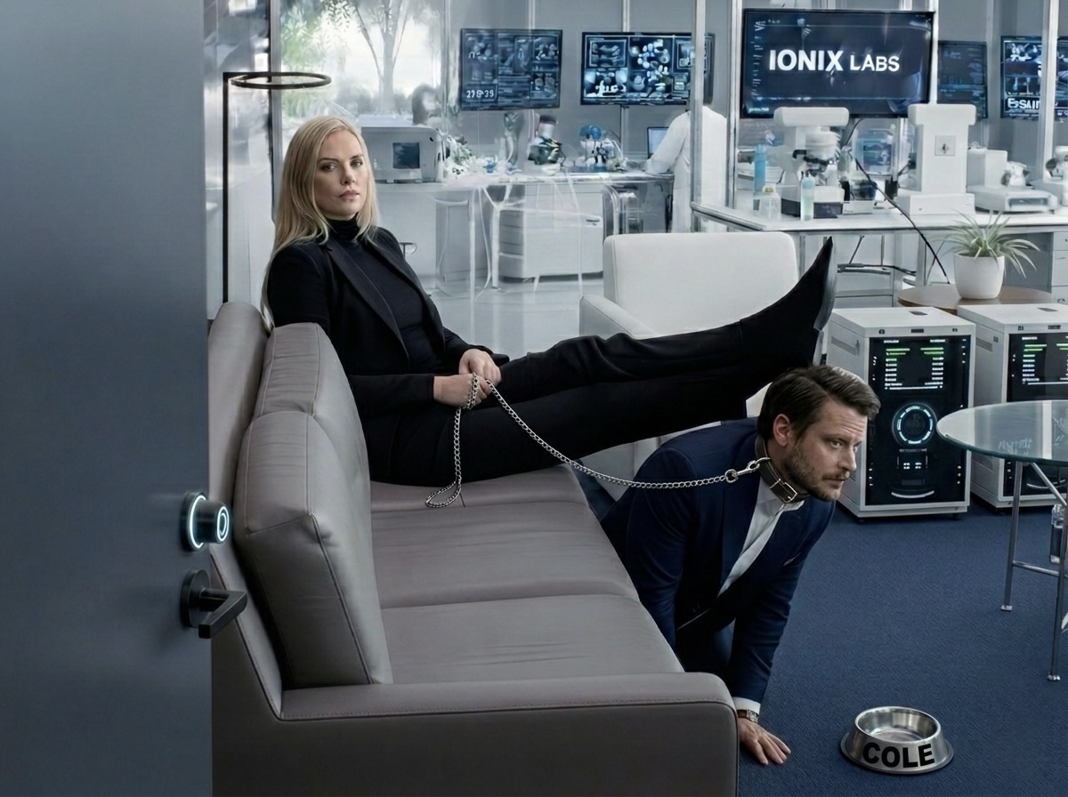 Cole Mercer serving as Lizzie Holmes' footstool while barking obediently